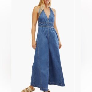 Free People Sun Rays Denim Halter Jumpsuit